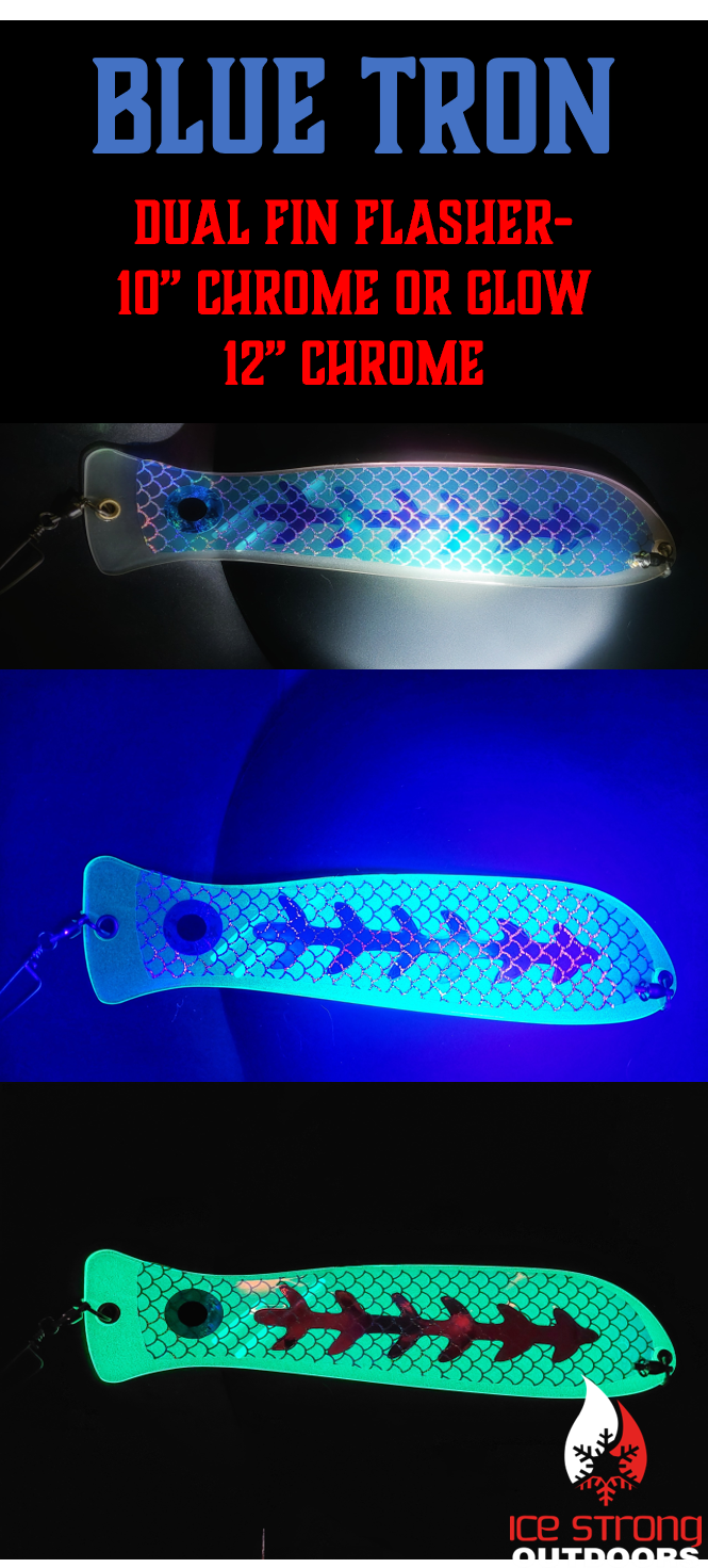 Ice Strong Outdoors - 10" or 12" Chrome/Glow Fishblades - Dragon/Dragon Slayer/Blue Tron/Green Tron