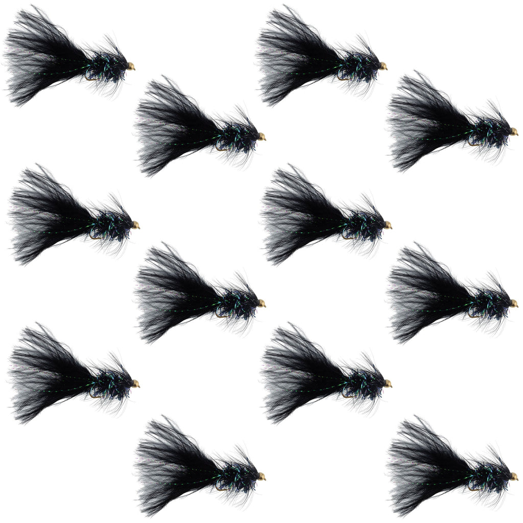 Black Bead Head Crystal Woolly Bugger Classic Streamer Flies - 12 Flies - Hook Size 8